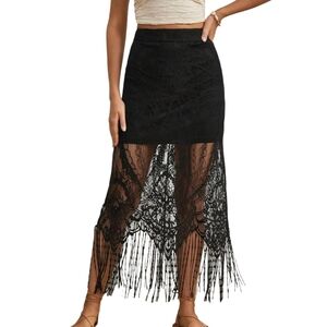 WDIRARA Fringe Hem Lace, High Waisted Overlay Long Skirt Sz L